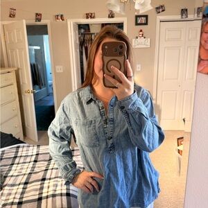 Casual Light Blue Denim Pullover Shirt - Women's Blouse